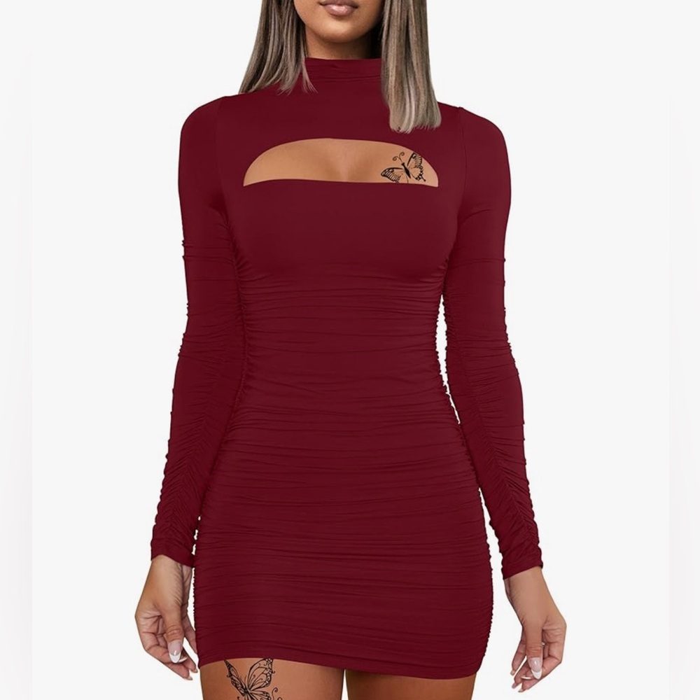 DAAWENXI Women's Medium Sexy Long Sleeve Cut Out Bodycon Ruched Party Mini Dress